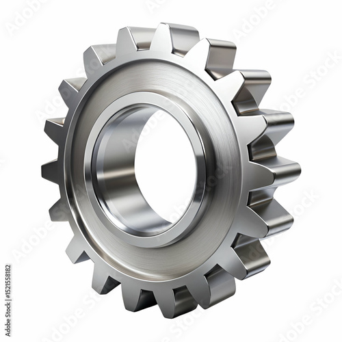 Shiny metallic gear isolated on white background depicting mechanical engineering concepts