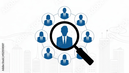 Business recruitment network with magnifying glass over male candidate icon, representing human resources and employee selection.