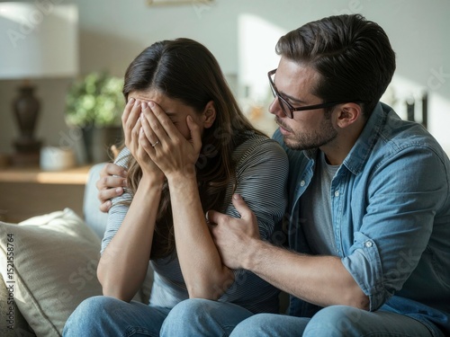 Emotional moment at home as woman cries While being comforted by partner, highlighting empathy, comfort, and human connection in times of distress.