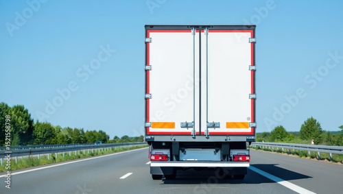 Rear view of a freight truck driving on a highway. Long-distance logistics, goods transport, and freight delivery across regions.