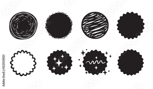 Collection of hand drawn circle and starburst silhouette design elements for graphic illustration