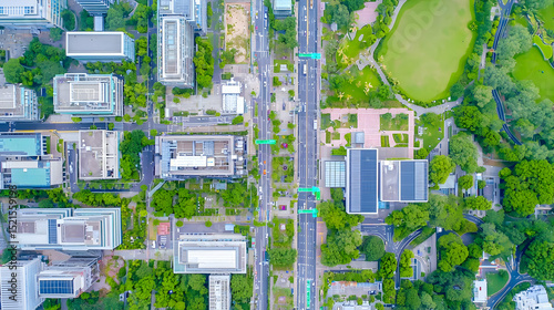 Aerial View Of Urban Cityscape With Lush Green Spaces