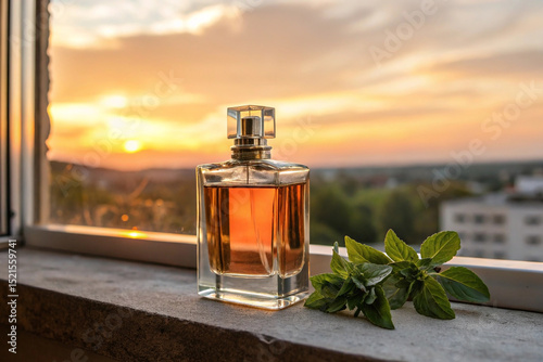 A clear glass perfume bottle sits on a light-colored surface