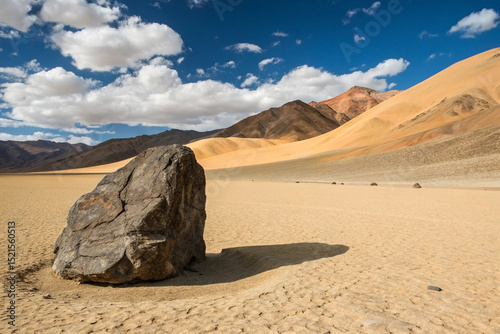 A large, dark brownish-gray rock stands in a vast, arid landscape