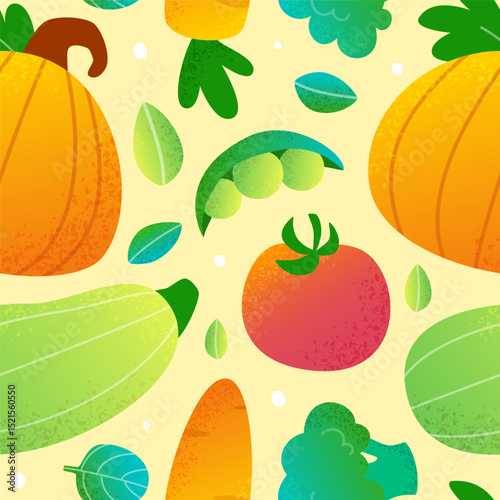 Textured vegetables harvest pattern. Seamless vector print with cartoon veggies.