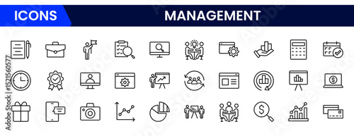 Streamlined vector web line icons showcasing management concepts, leadership, teamwork, organization, strategy, and efficient business operations.