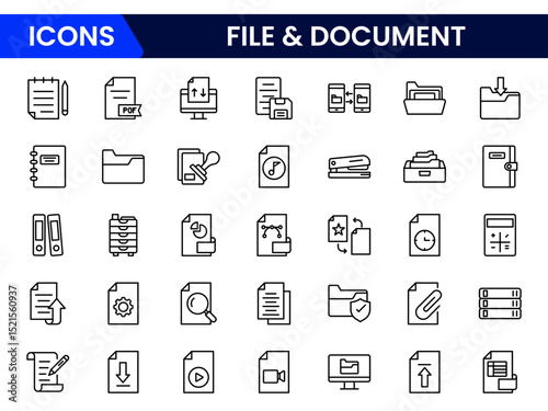 Minimalist vector web line icons representing file management, documents, organization, digital storage, and efficient data handling processes.
