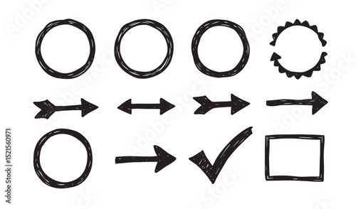 Hand drawn doodle elements pack featuring circles arrows check mark and square silhouettes