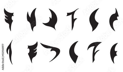 Collection of black silhouette wing designs and curved elements with various stylized forms on white background