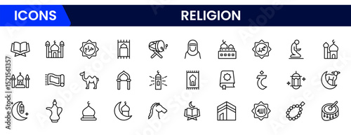 Sacred vector web line icons depicting religious symbols, faith, spirituality, worship, and diverse cultural beliefs with reverence.