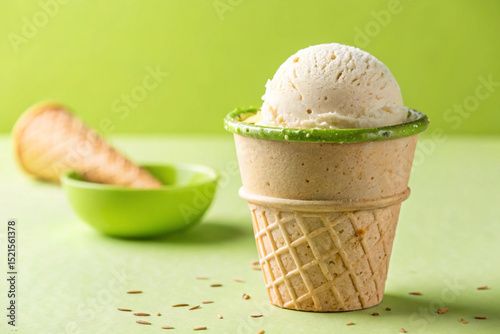 A scoop of vanilla ice cream is positioned in a light brownish-tan, textured cup