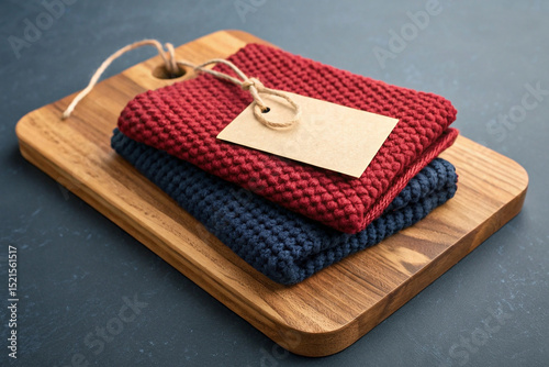A small, wooden square cutting board holds two pieces of knitted fabric