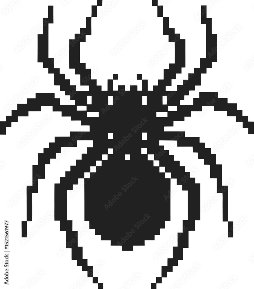 Obraz premium Pixelated black spider illustration digital art showcasing arachnid silhouette in retro