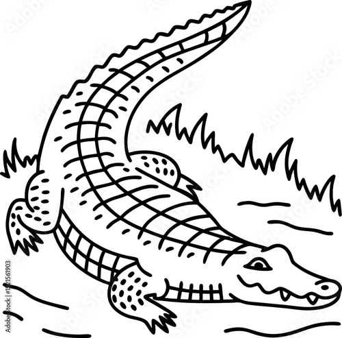 crocodile illustration in grassy habitat, black and white drawing