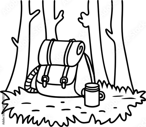 camping gear in forest setting backpack and thermos on nature ground, outdoor adventure essentials