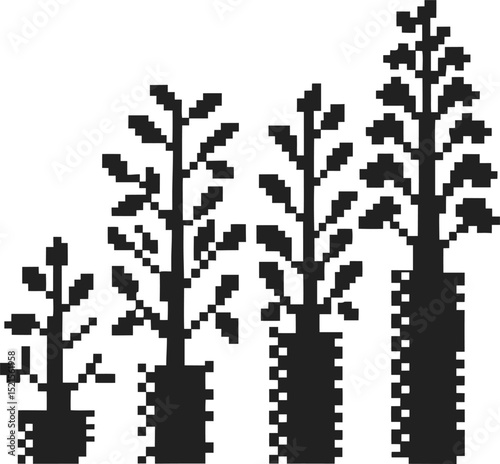 Pixelated plant growth stages illustration retro pixel art style, four sizes, digital garden concept