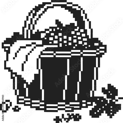 Pixel art harvest basket with grapes and leaves, vintage 8 bit