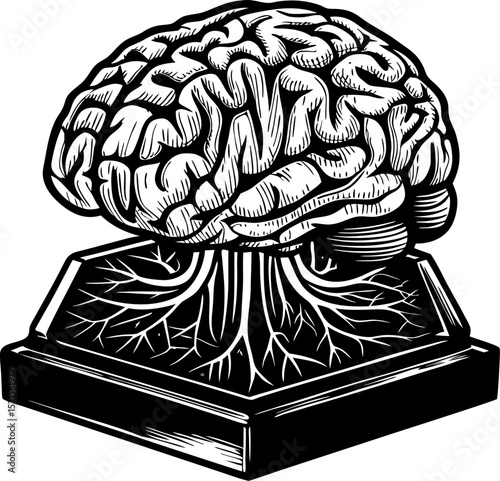 intricate brain illustration with roots on geometric base symbol of knowledge, thought, growth in black and white art