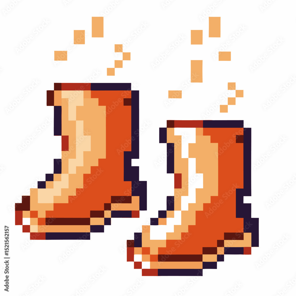 Fototapeta premium retro pixel art floating boots emitting enchantment sparks in a vintage gaming
