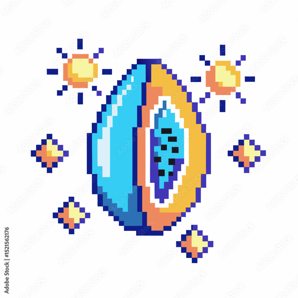 Obraz premium Colorful pixel art gem surrounded by suns and stars in retro