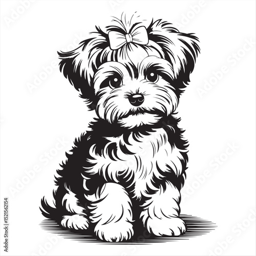 Adorable Maltese Puppy with Bow - Black and White Line Art