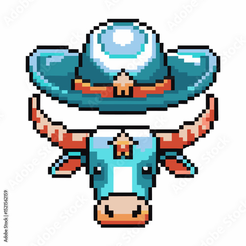 pixel art cowboy bull illustration with hat western theme mascot, vivid colors, retro design