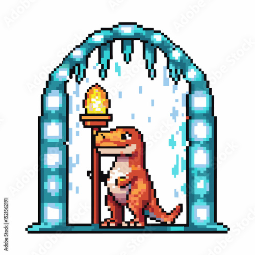 Pixel art dinosaur in ice cave with glowing light