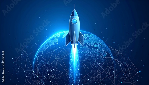 Digital rocket flies in orbit of planet Earth. Abstract light blue technological background. Spaceship in outer cosmos. Low poly wireframe vector illustration with 3D effect.astronomy, atmosphere, 