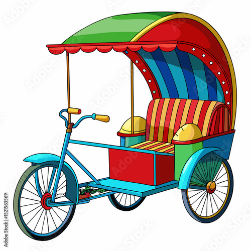 A detailed vector illustration of a traditional cycle rickshaw. 