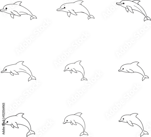 Minimalist Cartoon Dolphins Jumping in 3x3 Grid Pattern