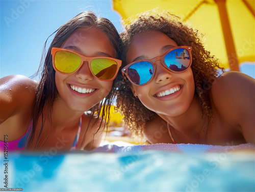 Beach friends selfie with reflective sunglasses