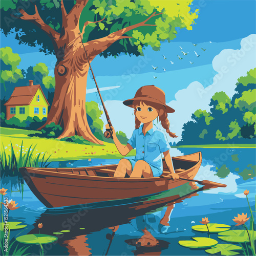 Girl Fishing on a Tranquil Lake Cartoon Summer Nature Scene