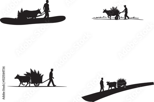 Silhouetted Figures Carrying Loads Minimalist Black and White Vector Illustration