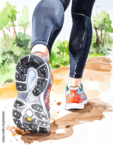 A low-angle view captures legs in black leggings and brightly colored athletic shoes stepping along a dirt path amidst green trees