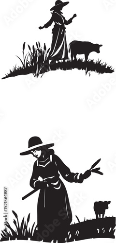 Rustic Woman with Staff and Cow Stylized Black and White Pastoral Illustration