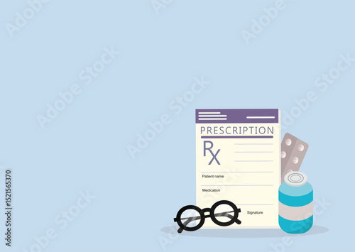 Medical prescription drugs concept. Recipe on clipboard. Diseases therapy pills. Pharmacy control.
