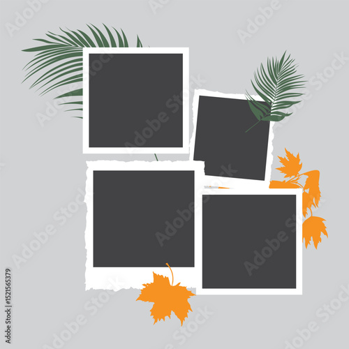 collage of images with an abstract layout using picture frames, Photos frames and note book pages layout