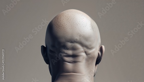 Close-up of a bald head showing muscles and skin texture against a plain background, for Clean ad layouts, hair growth campaign visuals, minimalist wellness branding 