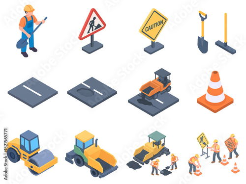 Isometric Road-Repair Icons — Flat Illustration Workers, Machinery, Tools & Signs (Transparent PNG Set)