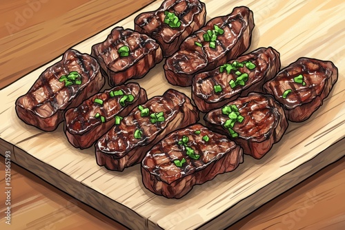 Grilled steak pieces with green garnish on a wooden board for food blogs and restaurant menus
