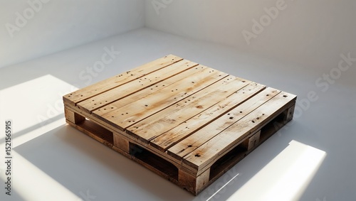 Wooden pallets in a bright room with soft shadows on a white floor and walls, for Product mockups, e-commerce listing visuals, branding templates 