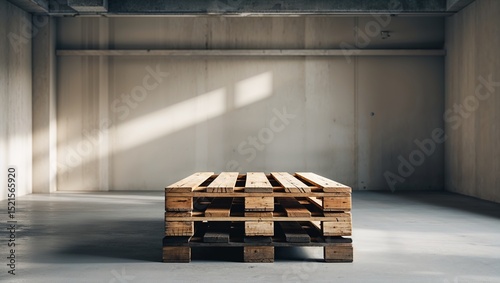 Wooden pallets on a concrete floor in an empty industrial space with natural light, for Warehouse visuals, supply chain presentations, logistic blog headers 