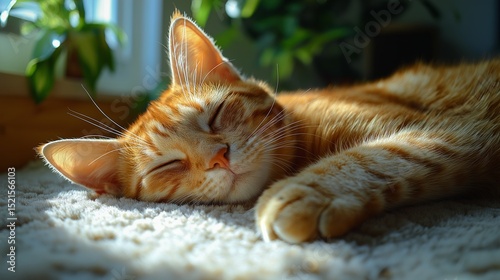 Restful Slumber: Capturing the serene image of an orange tabby cat, basking in the sunlit space, in the foreground is carpet. A moment of pure peace and tranquility.
