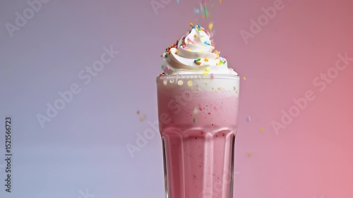 Dreamy Pink Strawberry Milkshake with Whipped Cream and Sprinkles – Pastel Aesthetic Shot