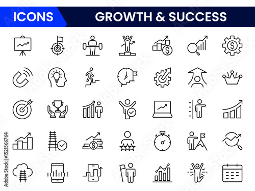Bold vector web line icons depicting growth, success, achievement, progress, innovation, and thriving business development milestones.