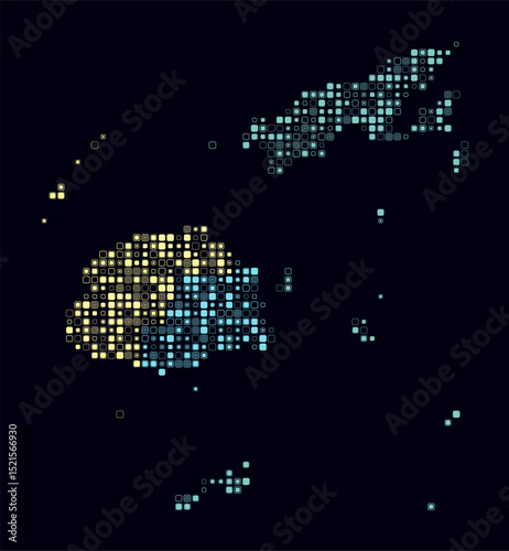Fiji, shape of the country build of colored cells. Digital style map of the Fiji on dark background. Small size rounded square blocks. Modern vector illustration.