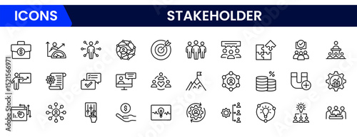 Concise vector web line icons illustrating stakeholder engagement, collaboration, influence, communication, and strategic partnerships in business ecosystems.