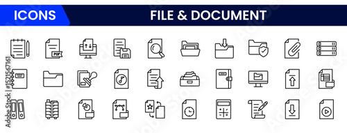 Minimalist vector web line icons representing file management, documents, organization, digital storage, and efficient data handling processes.
