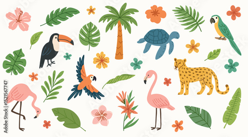 Summer tropical sticker set. Wild animals, leopard, birds, parrot, turtles, tropical leaves and flowers. Flat hand drawn illustration. Summer illustrations on exotic theme.