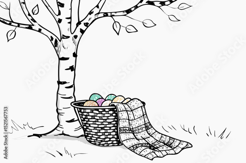 Easter basket with colored eggs beside a tree on grass  